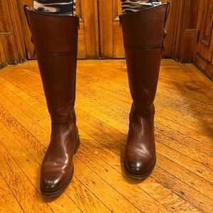 Frye Riding Button Tall Heeled Boot Brown Leather Zipper